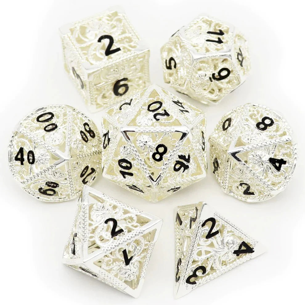 Kraken: Hollow Metal Dice Set, Silver Black Numbers-0