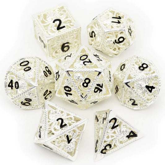 Kraken: Hollow Metal Dice Set, Silver Black Numbers-0